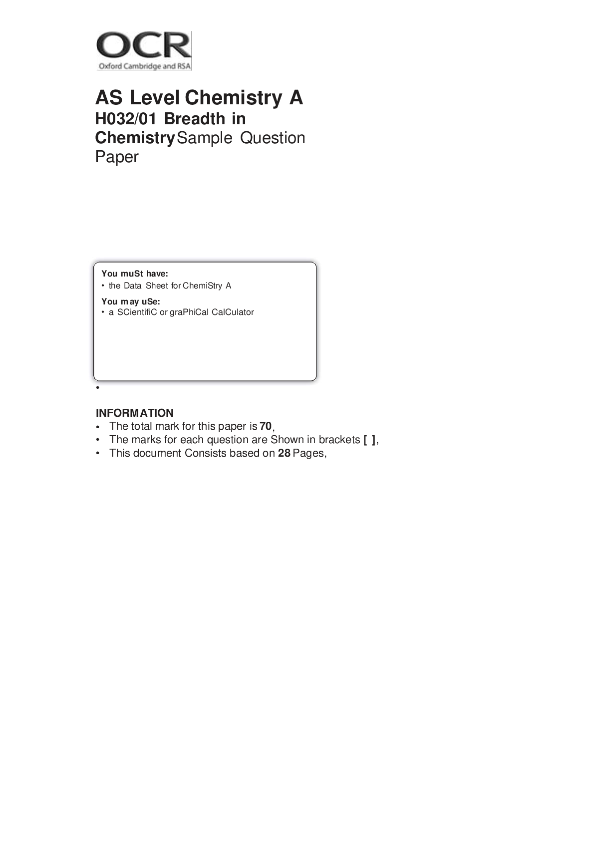 Preview of OCR AS Level Chemistry A Breadth in Chemistry  Component H032 01